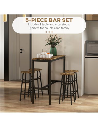 HOMCOM 5 Piece Bar Table Set with 4 Stools, Industrial Bar Table and Stool Set, Dining Table and Chair Set, Rustic Brown 83A-048