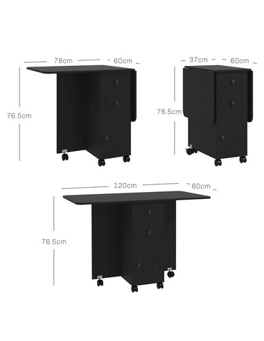 HOMCOM Multi-Storage Six-Person Drop Leaf Dining Table -  Distressed Black 835-679V80BK