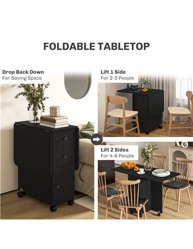 HOMCOM Multi-Storage Six-Person Drop Leaf Dining Table -  Distressed Black 835-679V80BK