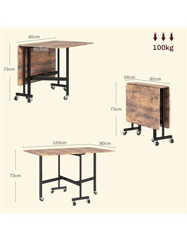 HOMCOM Six-Seater Drop-Leaf Dining Table, with Wheels - Brown Wood-Effect 83A-196V80RB