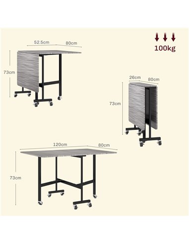 HOMCOM Mobile Drop Leaf Table, Folding Dining Table with 6 Wheels & Brakes, Kitchen Table for Small Spaces, Grey 83A-196V80GY
