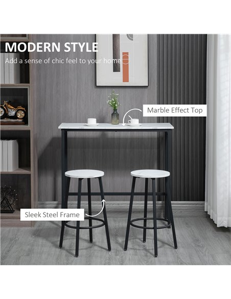 HOMCOM Three-Piece Marble-Effect Bar Table Set - White/Black 835-943V01WT - pic 109587 | FastDaddyshop