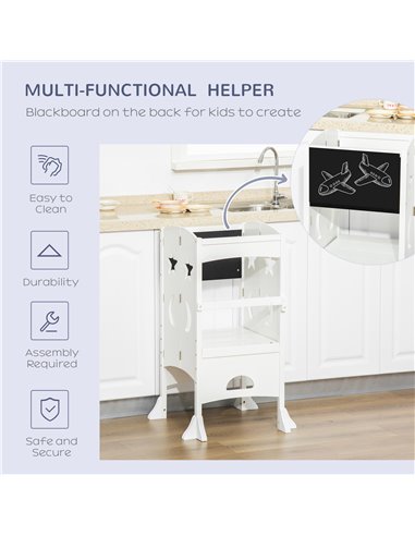 HOMCOM Kids Step Stool Toddler Kitchen Stool with Blackboard Lockable Handrail for Kids Kitchen Counter White 312-058WT