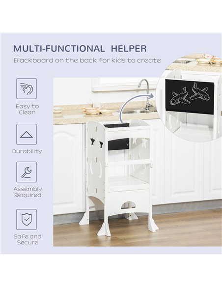 HOMCOM Kids Step Stool Toddler Kitchen Stool with Blackboard Lockable Handrail for Kids Kitchen Counter White 312-058WT - pic 109633 | FastDaddyshop