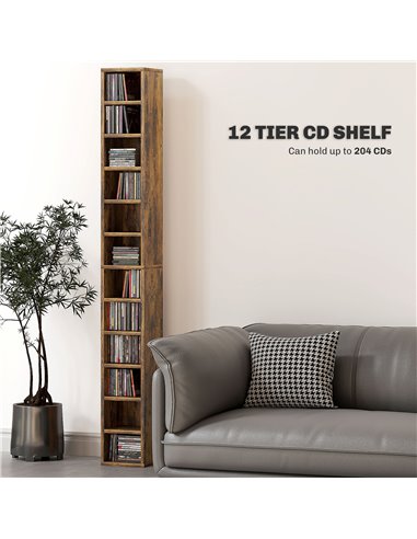 HOMCOM 204 CD Tall Narrow Media Storage Tower - Rustic Brown 833-135V80RB