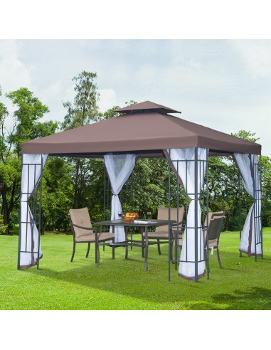 Outsunny 3 x 3(m) Patio Gazebo Canopy Garden Pavilion Tent Shelter with 2 Tier Roof and Mosquito Netting, Steel Frame, Coffee