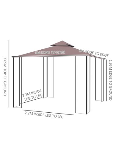Outsunny 3 x 3(m) Patio Gazebo Canopy Garden Pavilion Tent Shelter with 2 Tier Roof and Mosquito Netting, Steel Frame, Coffee
