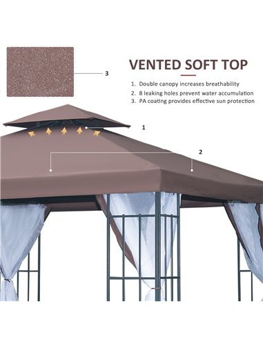 Outsunny 3 x 3(m) Patio Gazebo Canopy Garden Pavilion Tent Shelter with 2 Tier Roof and Mosquito Netting, Steel Frame, Coffee