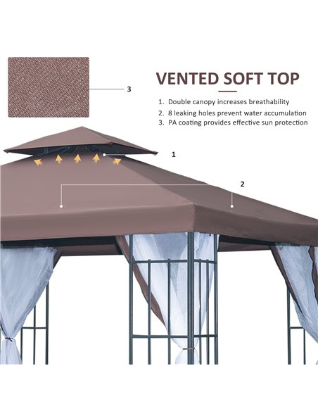 Outsunny 3 x 3(m) Patio Gazebo Canopy Garden Pavilion Tent Shelter with 2 Tier Roof and Mosquito Netting, Steel Frame, Coffee - pic 10984 | FastDaddyshop