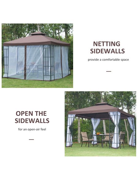 Outsunny 3 x 3(m) Patio Gazebo Canopy Garden Pavilion Tent Shelter with 2 Tier Roof and Mosquito Netting, Steel Frame, Coffee - pic 10985 | FastDaddyshop