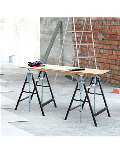 HOMCOM Set of 2 Adjustable Telescopic Builders Trestle DIY Steel Work Bench Carpenter Folding Saw Horse Tools Black B40-015