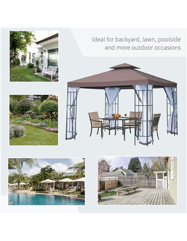 Outsunny 3 x 3(m) Patio Gazebo Canopy Garden Pavilion Tent Shelter with 2 Tier Roof and Mosquito Netting, Steel Frame, Coffee