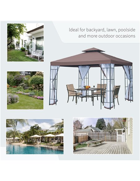 Outsunny 3 x 3(m) Patio Gazebo Canopy Garden Pavilion Tent Shelter with 2 Tier Roof and Mosquito Netting, Steel Frame, Coffee - pic 10987 | FastDaddyshop
