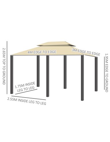 Outsunny 4m x 3(m) Metal Gazebo Canopy Party Tent Garden Pavillion Patio Shelter Pavilion with Curtains Sidewalls Beige