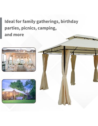 Outsunny 4m x 3(m) Metal Gazebo Canopy Party Tent Garden Pavillion Patio Shelter Pavilion with Curtains Sidewalls Beige