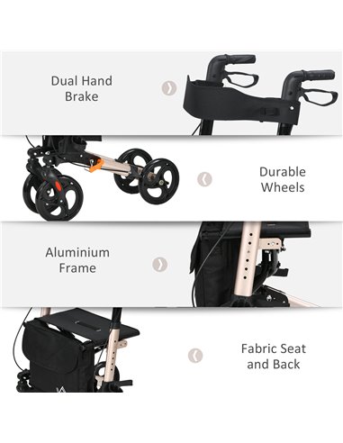 HOMCOM 4 Wheel Rollator with Seat and Back, Folding Mobility Walker with Carry Bag, Adjustable Height, Dual Brakes, Cane Holder,