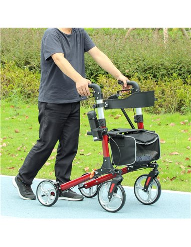 HOMCOM 88.5-106cm Aluminium Frame Rollator Walker, with Brakes - Red 712-061V00RD
