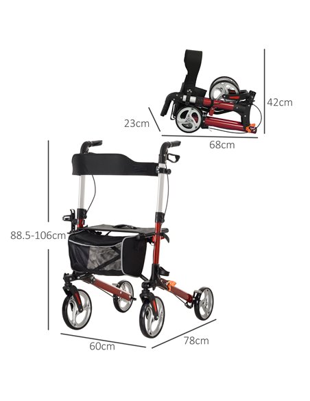HOMCOM 88.5-106cm Aluminium Frame Rollator Walker, with Brakes - Red 712-061V00RD - pic 110161 | FastDaddyshop