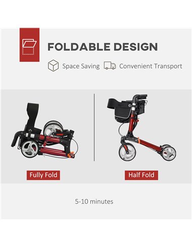 HOMCOM 88.5-106cm Aluminium Frame Rollator Walker, with Brakes - Red 712-061V00RD