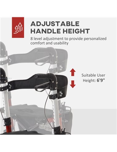 HOMCOM 88.5-106cm Aluminium Frame Rollator Walker, with Brakes - Red 712-061V00RD