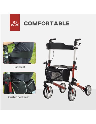 HOMCOM 88.5-106cm Aluminium Frame Rollator Walker, with Brakes - Red 712-061V00RD