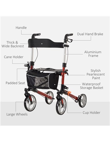 HOMCOM 88.5-106cm Aluminium Frame Rollator Walker, with Brakes - Red 712-061V00RD