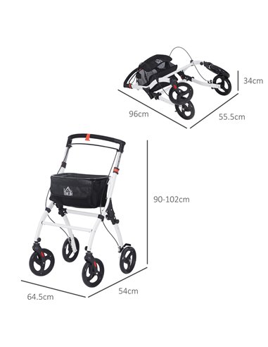 HOMCOM Folding Upright Rollator Walker with Lightweight Walking Frame, Storage Bag, Tray, Dual Brakes, Adjustable Handle Height,