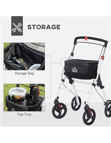 HOMCOM Folding Upright Rollator Walker with Lightweight Walking Frame, Storage Bag, Tray, Dual Brakes, Adjustable Handle Height,