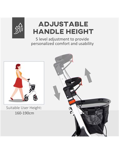 HOMCOM Folding Upright Rollator Walker with Lightweight Walking Frame, Storage Bag, Tray, Dual Brakes, Adjustable Handle Height,