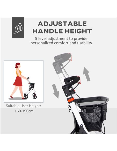 HOMCOM Folding Upright Rollator Walker with Lightweight Walking Frame, Storage Bag, Tray, Dual Brakes, Adjustable Handle Height, - pic 110172 | FastDaddyshop
