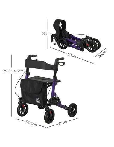 HOMCOM Folding Rollator Walker with Seat, Backrest, Lightweight Walking Frame with Storage Bag, Dual Brakes, Adjustable Handle H