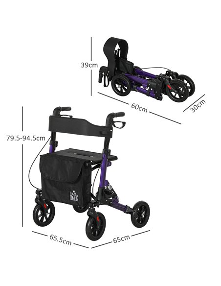 HOMCOM Folding Rollator Walker with Seat, Backrest, Lightweight Walking Frame with Storage Bag, Dual Brakes, Adjustable Handle H - pic 110179 | FastDaddyshop