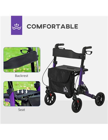 HOMCOM Folding Rollator Walker with Seat, Backrest, Lightweight Walking Frame with Storage Bag, Dual Brakes, Adjustable Handle H
