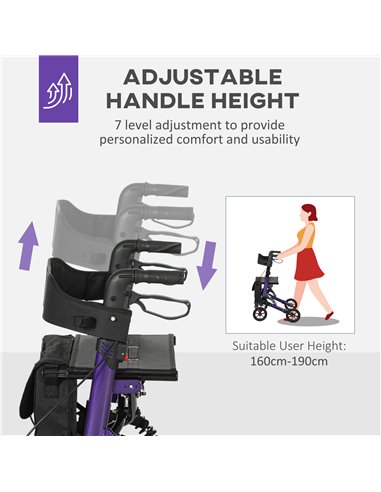 HOMCOM Folding Rollator Walker with Seat, Backrest, Lightweight Walking Frame with Storage Bag, Dual Brakes, Adjustable Handle H