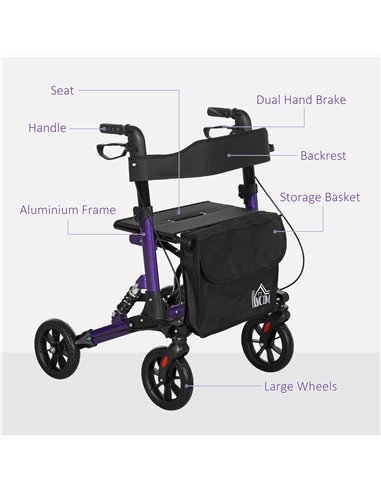 HOMCOM Folding Rollator Walker with Seat, Backrest, Lightweight Walking Frame with Storage Bag, Dual Brakes, Adjustable Handle H