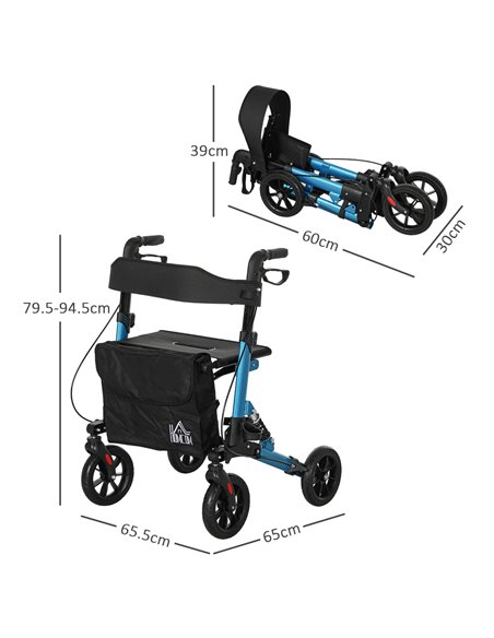 HOMCOM Folding Rollator Walker with Seat, Backrest, Lightweight Walking Frame with Storage Bag, Dual Brakes, Adjustable Handle H - pic 110188 | FastDaddyshop