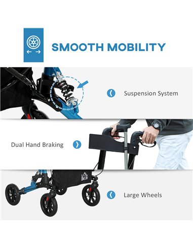 HOMCOM Folding Rollator Walker with Seat, Backrest, Lightweight Walking Frame with Storage Bag, Dual Brakes, Adjustable Handle H