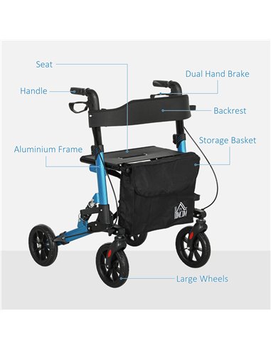HOMCOM Folding Rollator Walker with Seat, Backrest, Lightweight Walking Frame with Storage Bag, Dual Brakes, Adjustable Handle H