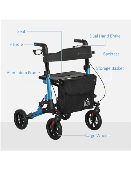 HOMCOM Folding Rollator Walker with Seat, Backrest, Lightweight Walking Frame with Storage Bag, Dual Brakes, Adjustable Handle H - pic 110193 | FastDaddyshop