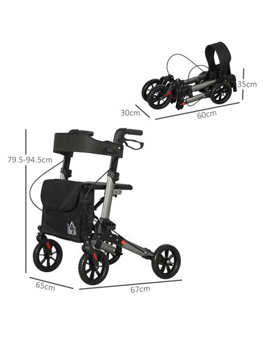 HOMCOM 4 Wheel Rollator with Seat and Back, Folding Mobility Walker with Carry Bag, Adjustable Height, Dual Brakes, Cane Holder,