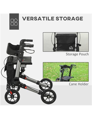 HOMCOM 4 Wheel Rollator with Seat and Back, Folding Mobility Walker with Carry Bag, Adjustable Height, Dual Brakes, Cane Holder,