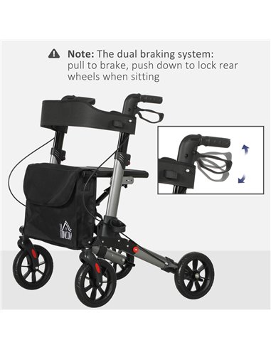 HOMCOM 4 Wheel Rollator with Seat and Back, Folding Mobility Walker with Carry Bag, Adjustable Height, Dual Brakes, Cane Holder,