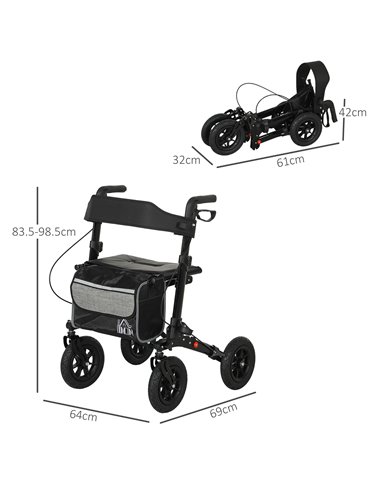 HOMCOM Folding Rollator Walker with Padded Seat, Backrest, Lightweight Walking Frame with Storage Bag, Dual Brakes, All-terrain 