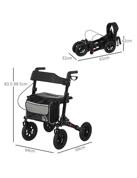 HOMCOM Folding Rollator Walker with Padded Seat, Backrest, Lightweight Walking Frame with Storage Bag, Dual Brakes, All-terrain  - pic 110206 | FastDaddyshop