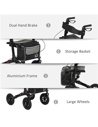 HOMCOM Folding Rollator Walker with Padded Seat, Backrest, Lightweight Walking Frame with Storage Bag, Dual Brakes, All-terrain 