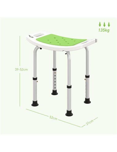 HOMCOM 6-Level Height Adjustable Aluminium Bath Room Stool Chair Shower Non-Slip Design w/ Padded Seat Drainage Holes Foot Pad, 