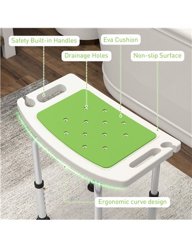 HOMCOM 6-Level Height Adjustable Aluminium Bath Room Stool Chair Shower Non-Slip Design w/ Padded Seat Drainage Holes Foot Pad, 