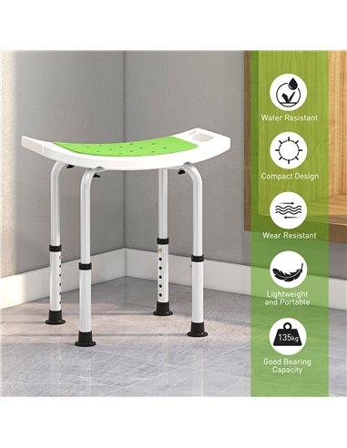 HOMCOM 6-Level Height Adjustable Aluminium Bath Room Stool Chair Shower Non-Slip Design w/ Padded Seat Drainage Holes Foot Pad, 