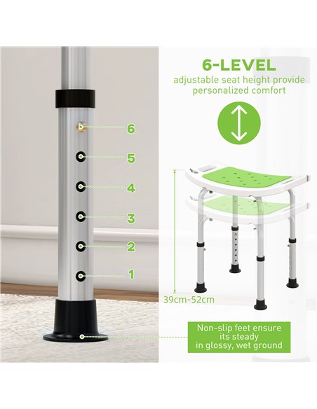 HOMCOM 6-Level Height Adjustable Aluminium Bath Room Stool Chair Shower Non-Slip Design w/ Padded Seat Drainage Holes Foot Pad,  - pic 110227 | FastDaddyshop
