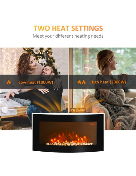 HOMCOM Led Wall Mounted Fireplace Curved Glass Electric Fire Place Fire Place 7 Colour Side Lights Slimline, 1000/2000W, 89.2cm  - pic 110252 | FastDaddyshop